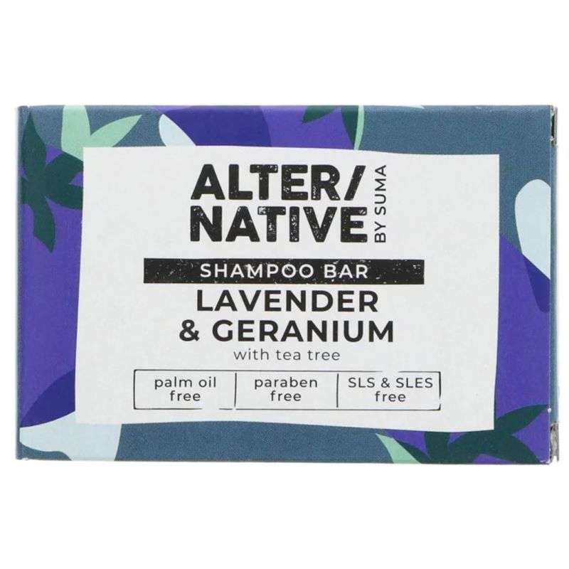Shampoo bar packaging with lavender and geranium scent on a white background