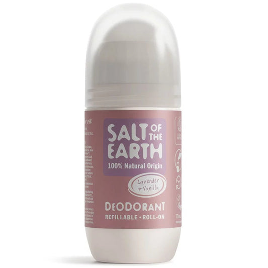 Natural Refillable Roll-On Deodorant (75ml) in lavender and vanilla scent, plastic free and plant-based formula
