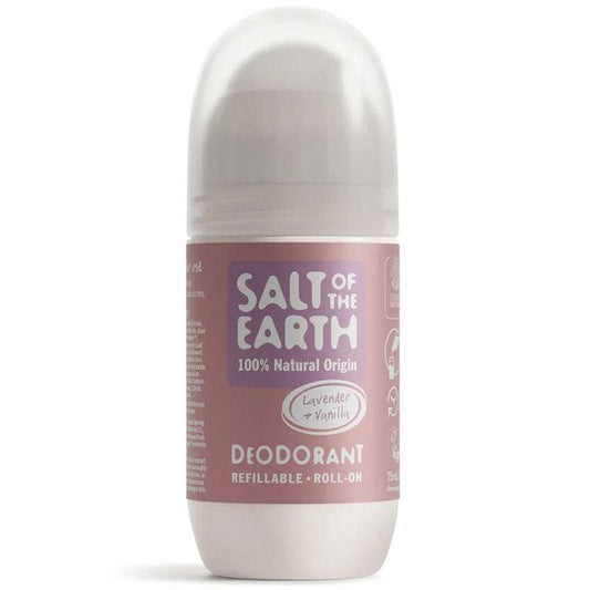 Natural Refillable Roll-On Deodorant (75ml) in lavender and vanilla scent, plastic free and plant-based formula