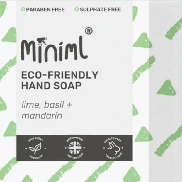 Miniml eco-friendly hand soap packaging with lime, basil, and mandarin scent on a white background.