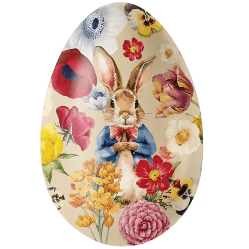 Refillable Easter Egg Tin decorated with a vintage rabbit illustration surrounded by colorful spring flowers