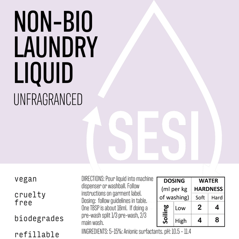 Label of a non-bio laundry liquid detergent bottle, with the brand name SESI, highlighting vegan, cruelty-free, and biodegradable attributes, and fragrance-free scent.