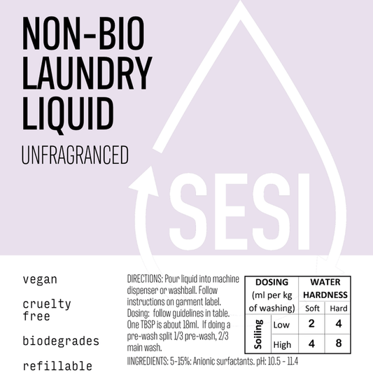 Label of a non-bio laundry liquid detergent bottle, with the brand name SESI, highlighting vegan, cruelty-free, and biodegradable attributes, and fragrance-free scent.
