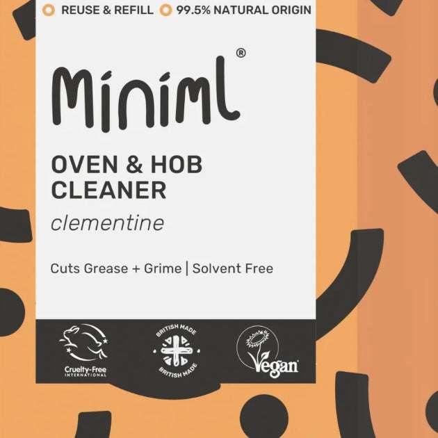 Miniml oven and hob cleaner packaging with brand logo and product details on a patterned background