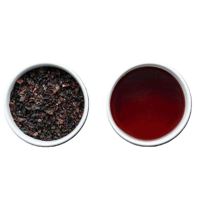 Elderberry, Rosehip & Hibiscus Tea ORGANIC (per 100g) loose dried herbs and brewed vibrant red tea in cups