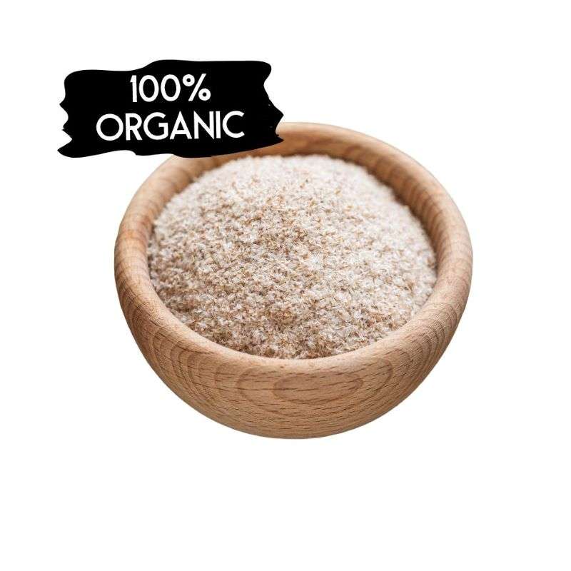 Wooden bowl filled with natural fiber powder labeled Psyllium Husk ORGANIC (per 100g) for sustainable health use