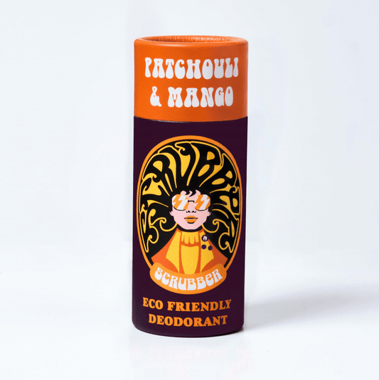 Natural Deodorant (60g) in eco-friendly, plastic-free packaging with patchouli and mango scent, natural skincare product.