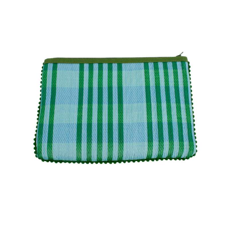 Green and blue plaid pouch on a white background