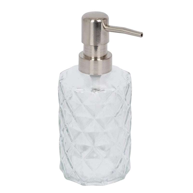 Prism Glass Bottle + Pump (330ml) with clear textured glass and stainless steel pump, eco-friendly and refillable design