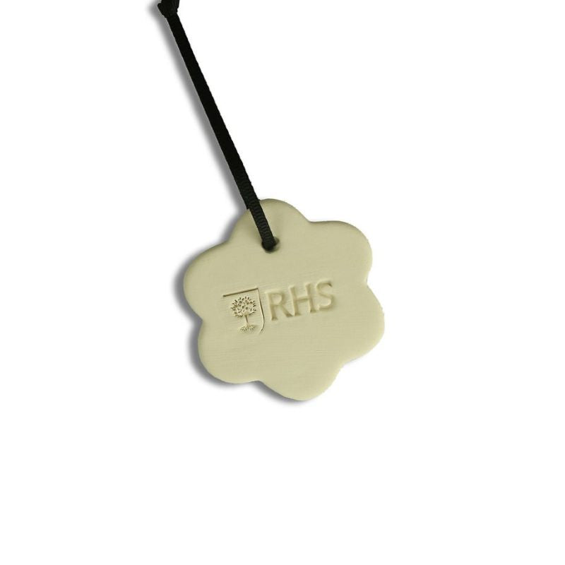 Beige flower-shaped tag with 'RHS' logo on a white background