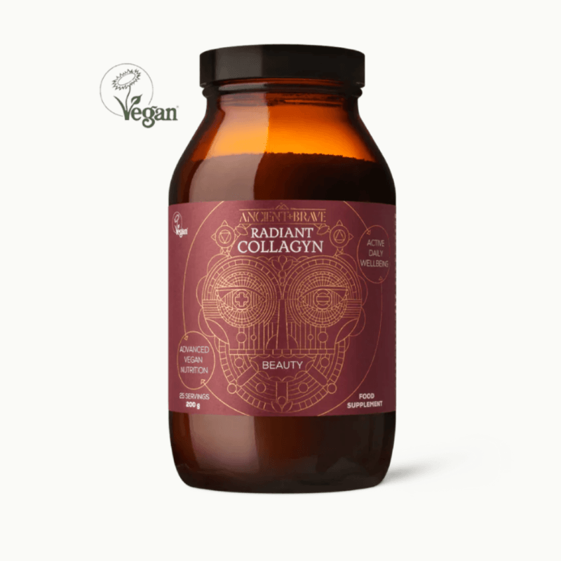 Amber glass jar of Radiant Collagyn Beauty Powder (200g) food supplement with vegan label on white background