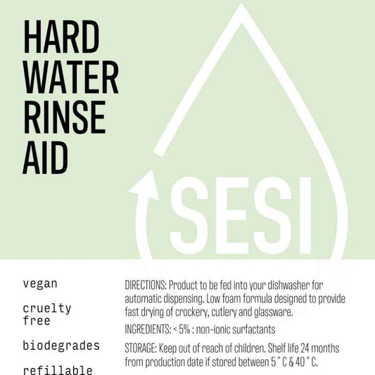 Hard Water Rinse Aid label with SESI branding