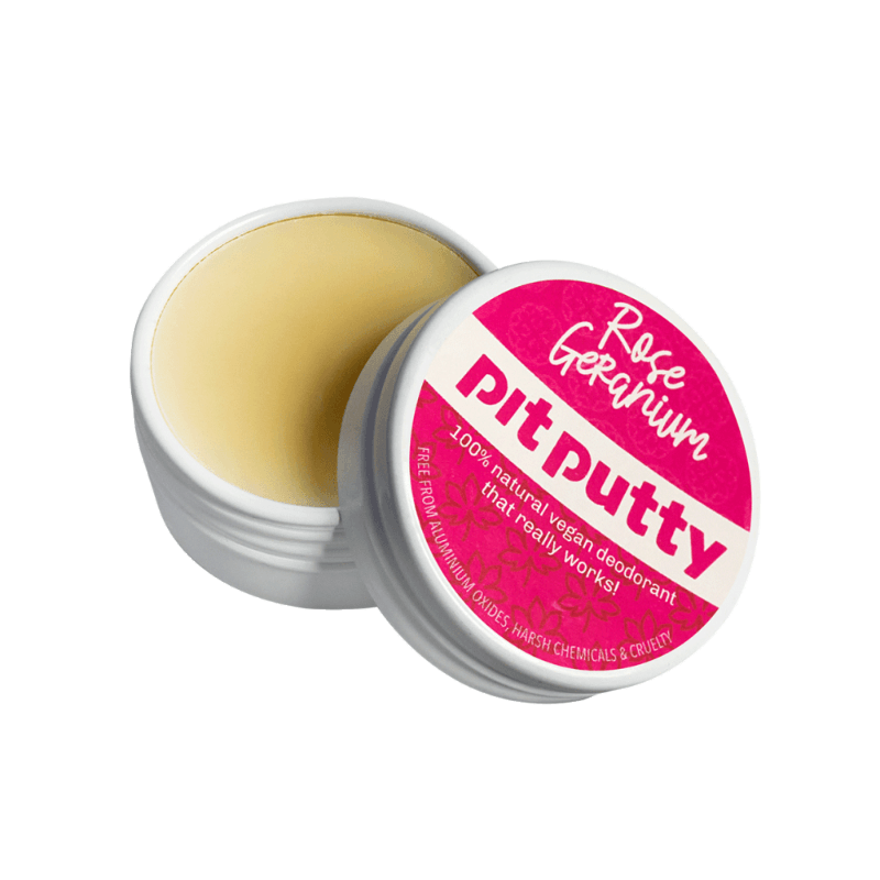 Natural ORGANIC Deodorant in Tin showing smooth cream in open container with Rose Geranium label design