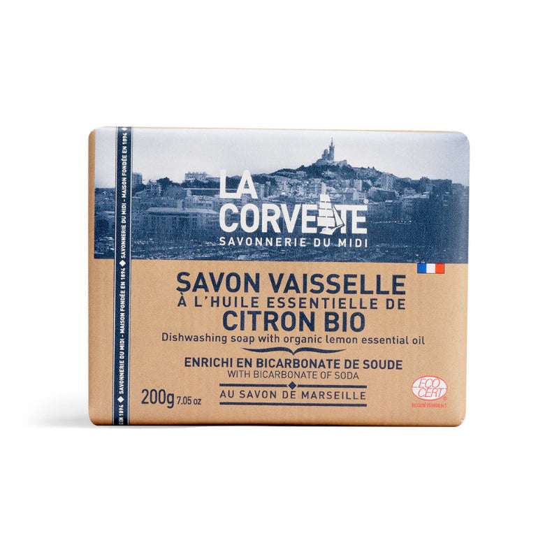 Dishwashing soap bar with lemon essential oil by La Corveète on a white background