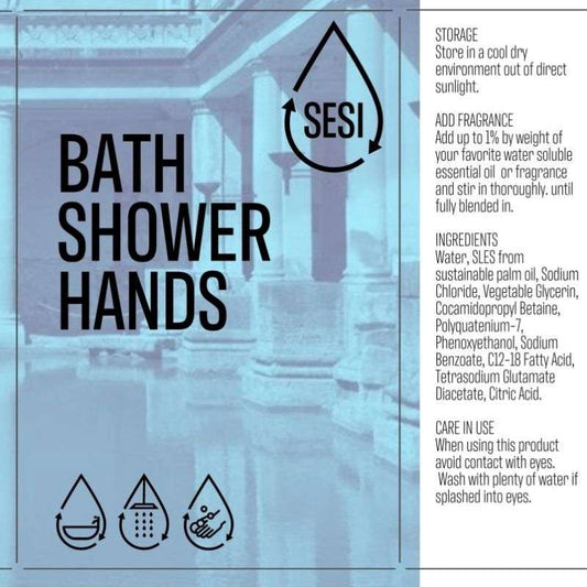 Hand Care BULK label showing usage instructions for bath, shower, hands, with natural and sustainable ingredients listed.