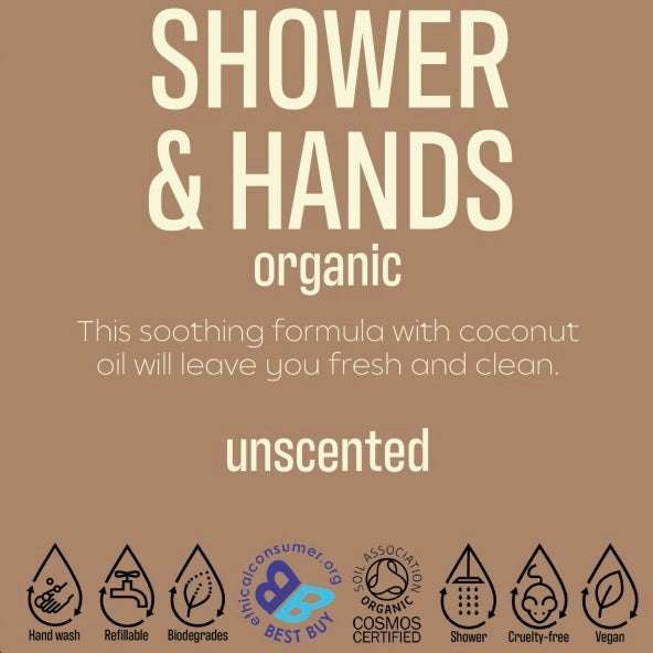 Label design emphasizing Body and Hair ORGANIC and UNSCENTED Bulk with natural skincare and refillable icons