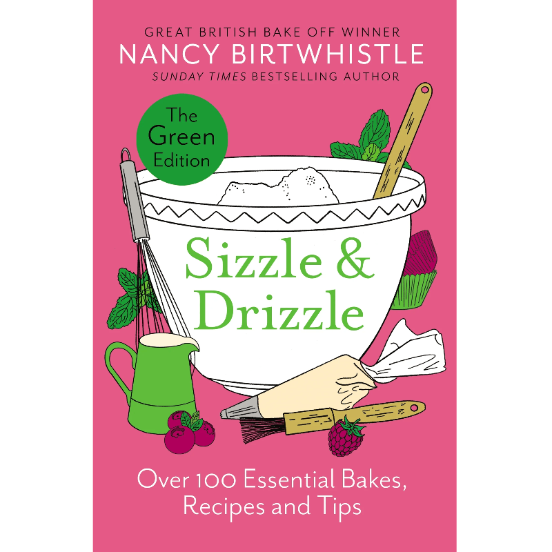 Cover of Sizzle & Drizzle (HB): The Green Edition book with baking tools and green-themed illustrations on pink background