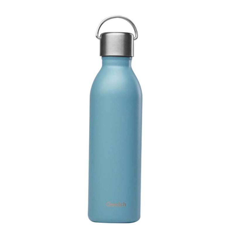 Blue water bottle with silver cap on a white background