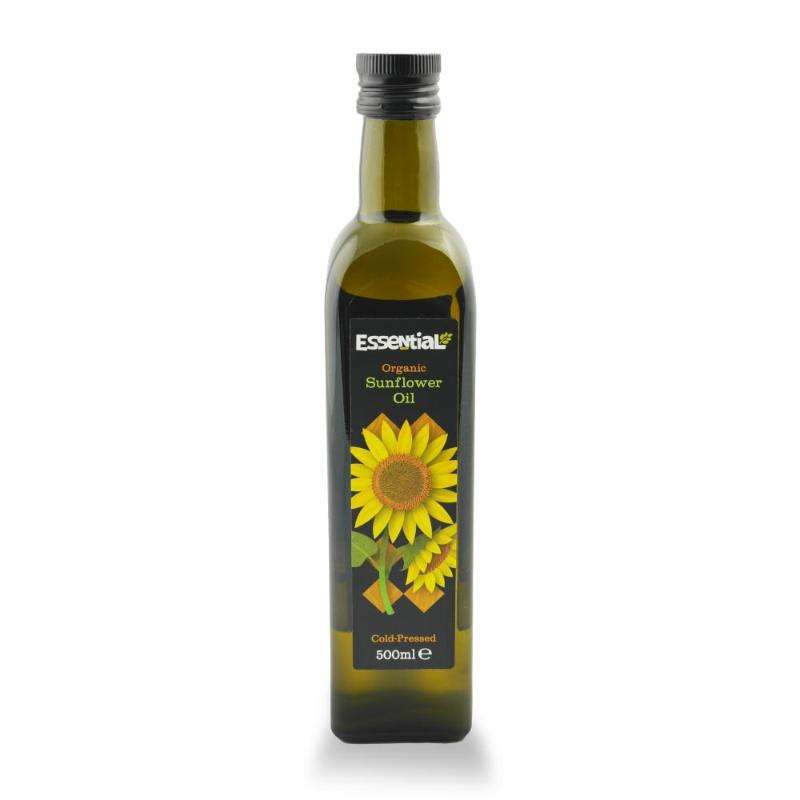 Bottle of Sunflower Oil ORGANIC (500ml) with yellow sunflower image on label and black screw cap against white background
