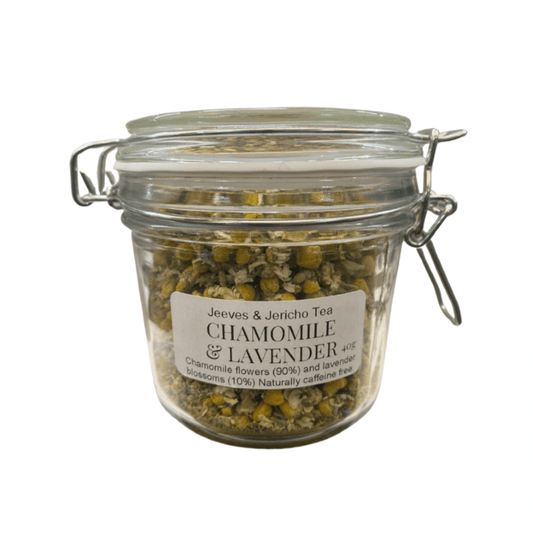 Infused Tea in Kilner Jar with chamomile and lavender flowers in a reusable glass container, eco-friendly and sustainable.