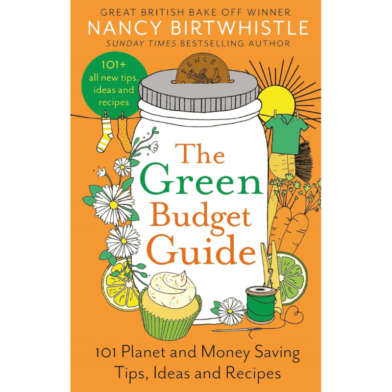 Cover of The Green Budget Guide (HB) featuring illustrations of natural ingredients and household items on an orange background
