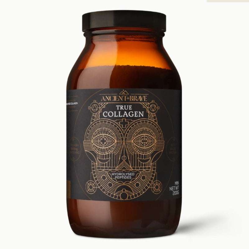 Brown supplement bottle labeled 'True Collagen' with Ancient + Brave branding