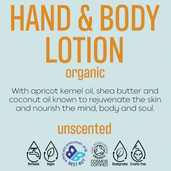 Label of organic hand and body lotion in a refillable amber glass bottle, unscented, with key visuals indicating organic, vegan, and cruelty-free certifications.