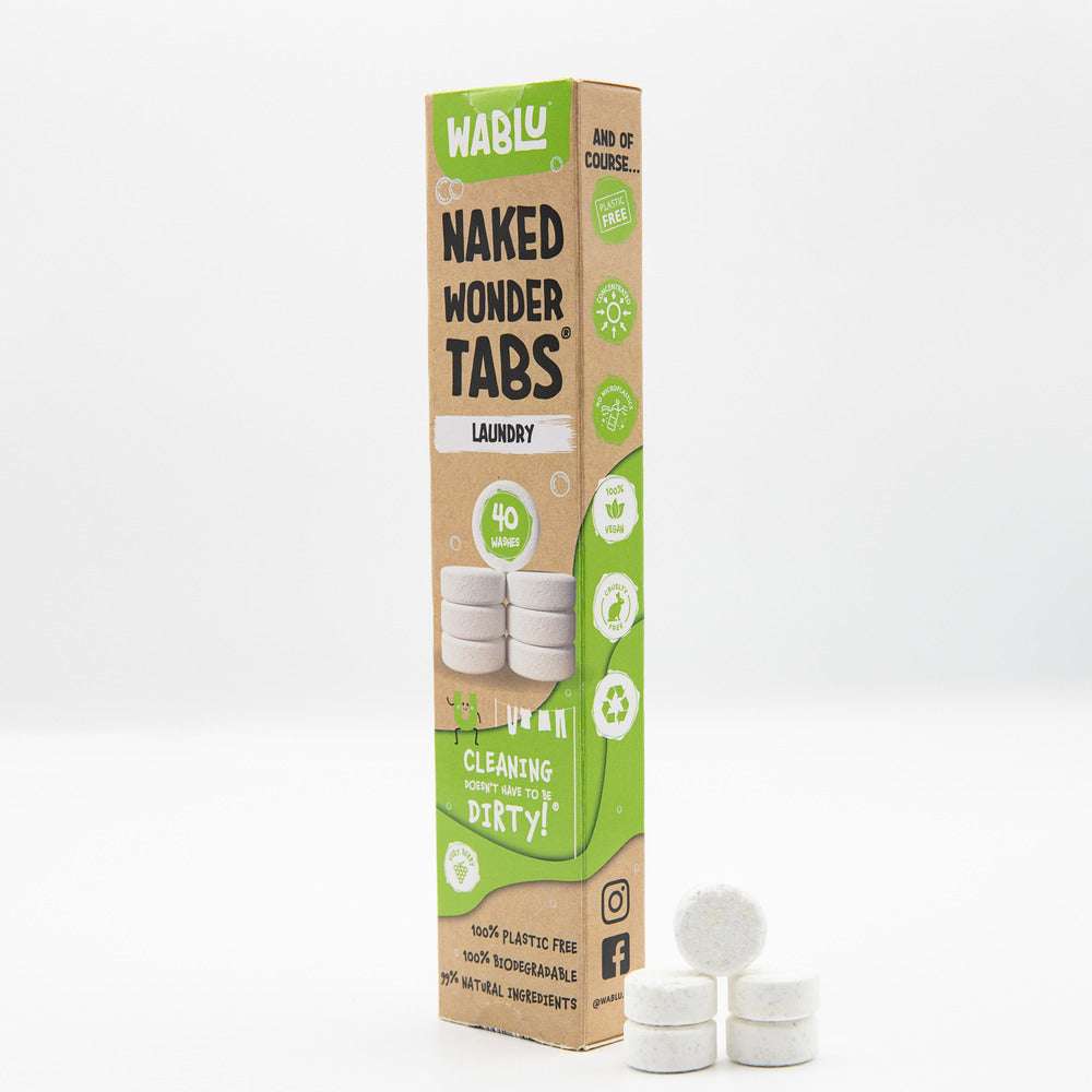 Box of Wablu Naked Wonder Tabs laundry detergent with packaging details on a white background