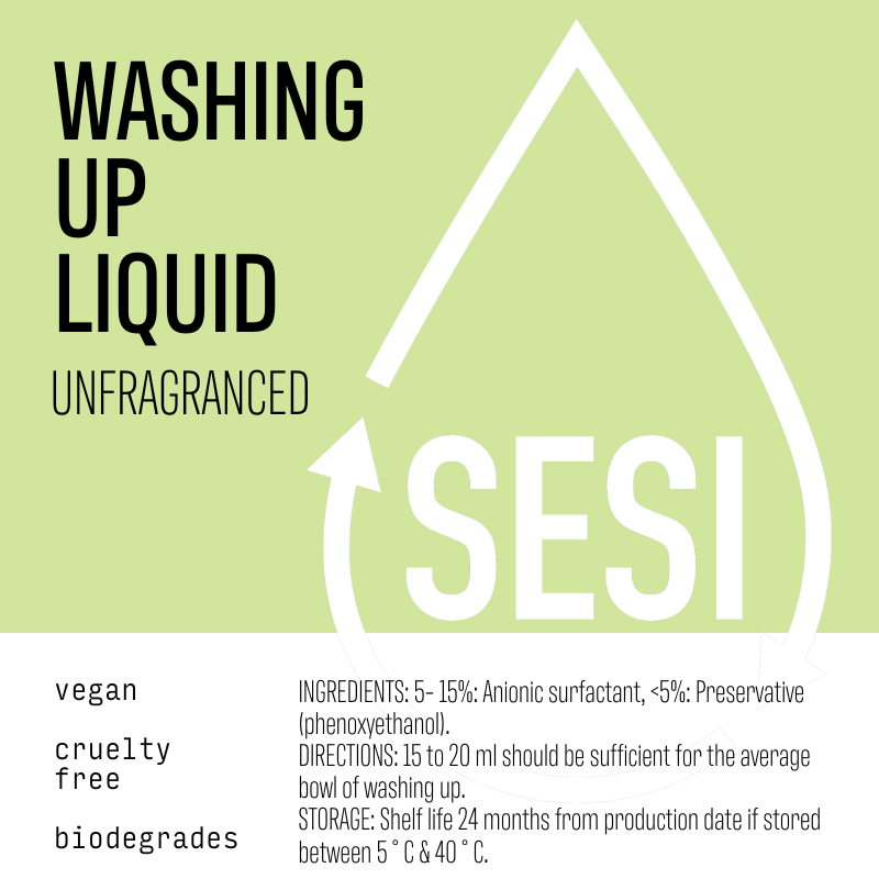 SESI washing up liquid label with green background and white text