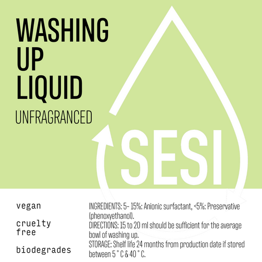 SESI washing up liquid label with green background and white text