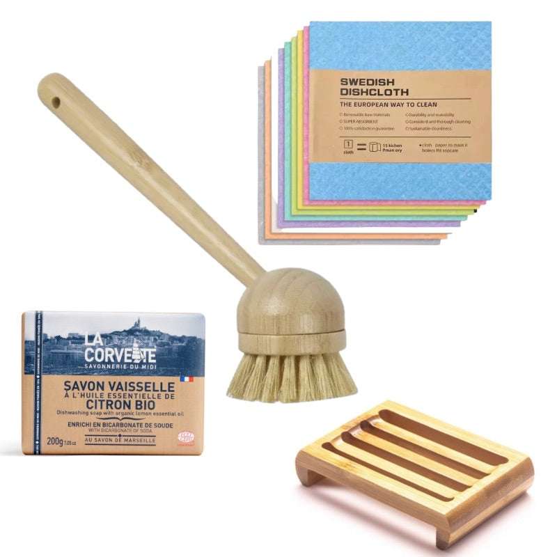 DISHES Starter Kit with wooden brush, soap bar, soap dish, and colorful Swedish dishcloths for plastic free cleaning.