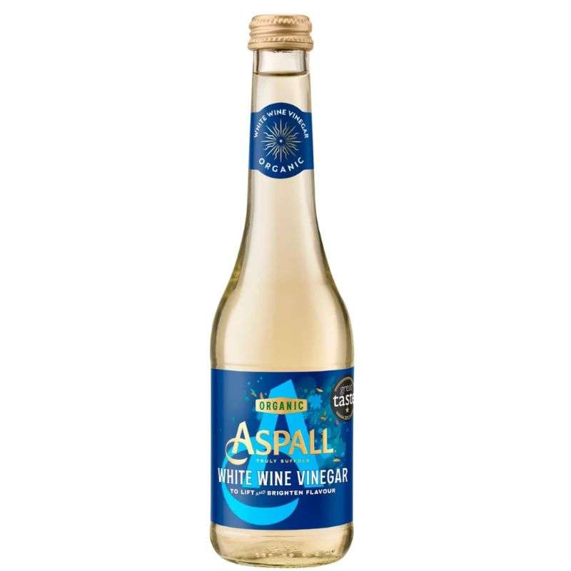 Bottle of White Wine Vinegar ORGANIC (350ml) with blue label promoting natural, ethical, and sustainable product.