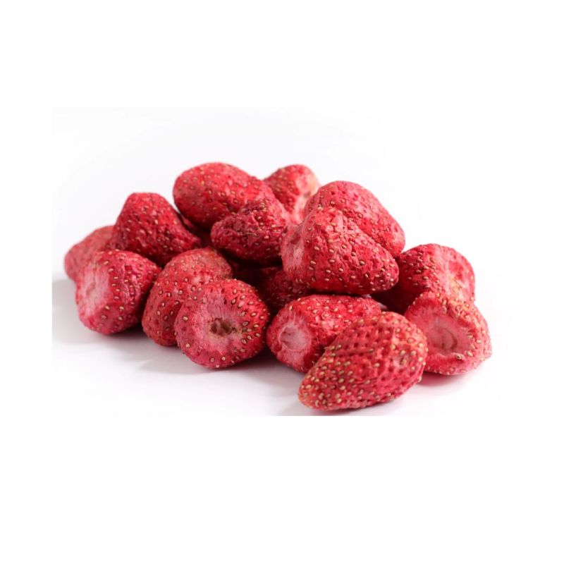 Pile of vibrant red freeze-dried strawberries, showcasing texture and natural detail for Freeze-dried Strawberry Whole (per 100g)