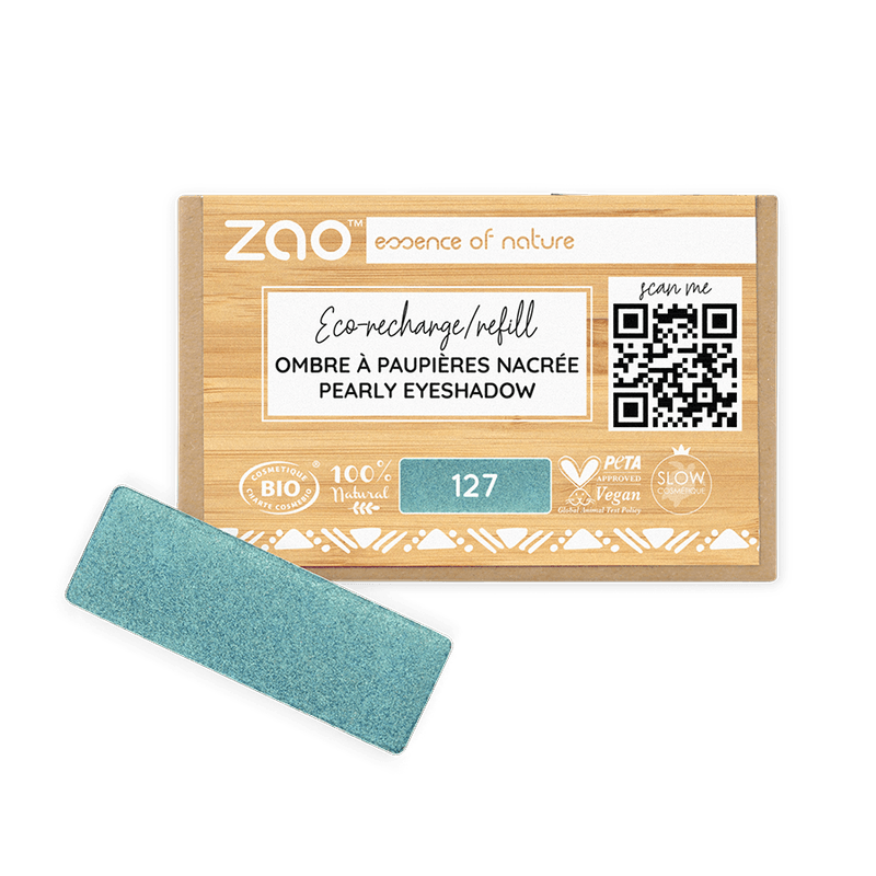 ORGANIC Natural Eye Shadow REFILL in a teal pearly shade with eco-friendly, vegan, and natural certification labels.