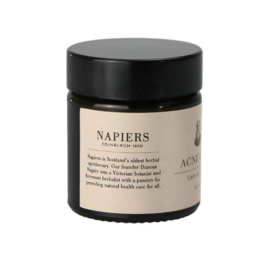 Napiers acne gel glass jar with black lid on a white background
