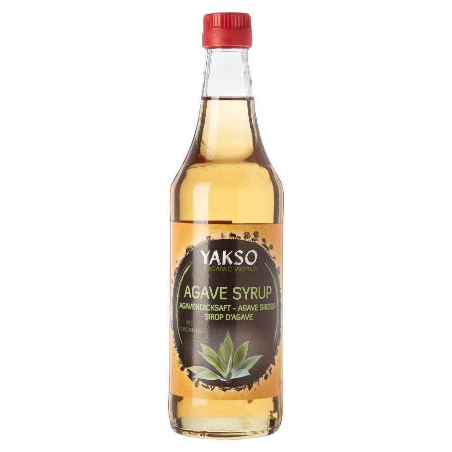 Clear bottle of Agave Syrup ORGANIC (240ml) with red cap, featuring an agave plant label on a white background