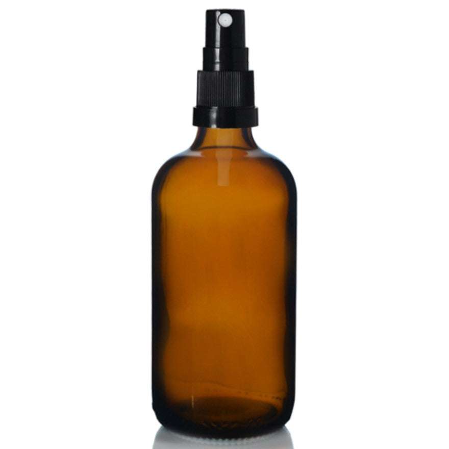 Glass bottle with atomiser (100ml) in amber glass with black spray top for natural skincare or household use