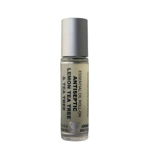 Clear bottle of Antiseptic Roll on (10ml) with silver cap featuring lemon tea tree and tea tree essential oils