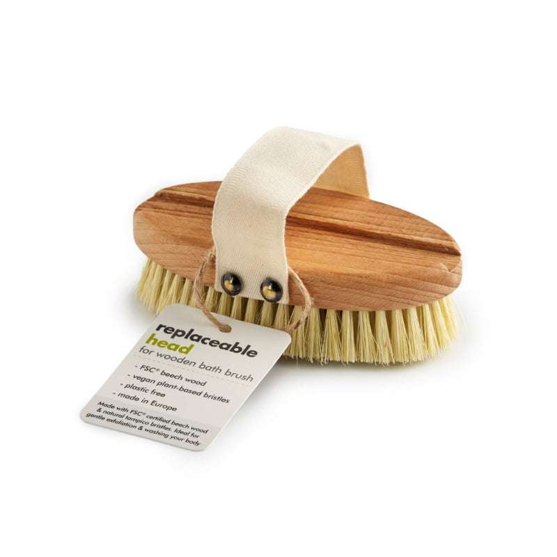 Wooden Bath Brush with a Replacement Head (FSC 100%) featuring natural bristles and a comfortable hand strap for easy use