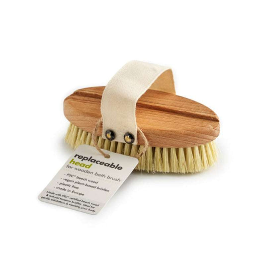 Wooden Bath Brush with a Replacement Head (FSC 100%) featuring natural bristles and a comfortable hand strap for easy use