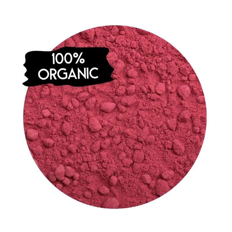 Close-up of vibrant red beetroot powder with 100% organic label for Beetroot Powder ORGANIC (per 100g)