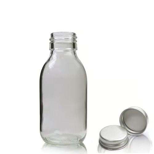 100ml Clear Glass Bottle with Cap shown empty beside two silver screw-on caps on white background