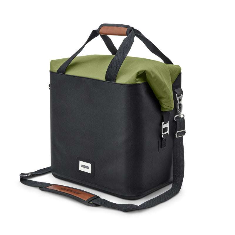 Black and green bag with a visible brand label on a white background