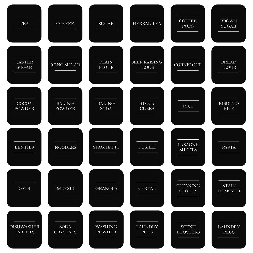 A grid of 32 rounded black labels on a white background, each labeled with a different household or kitchen item such as tea, coffee, sugar, flour, rice, pasta, oats, and cleaning cloths.