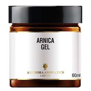 Arnica Gel (60ml) in amber jar with black lid, natural skincare product for soothing and relief purposes