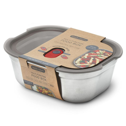 Stainless steel food storage box with a gray lid and cardboard label on a white background