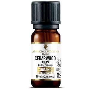 Cedarwood ORGANIC Essential Oil (10ml) bottle with natural and organic skincare label in amber glass packaging