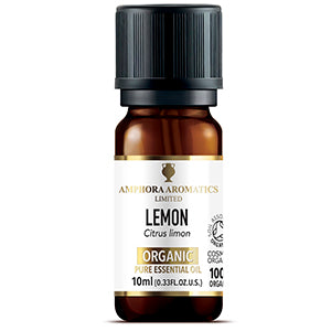 Bottle of ORGANIC Lemon Essential Oil (10ml) with natural citrus aroma for skincare and household use