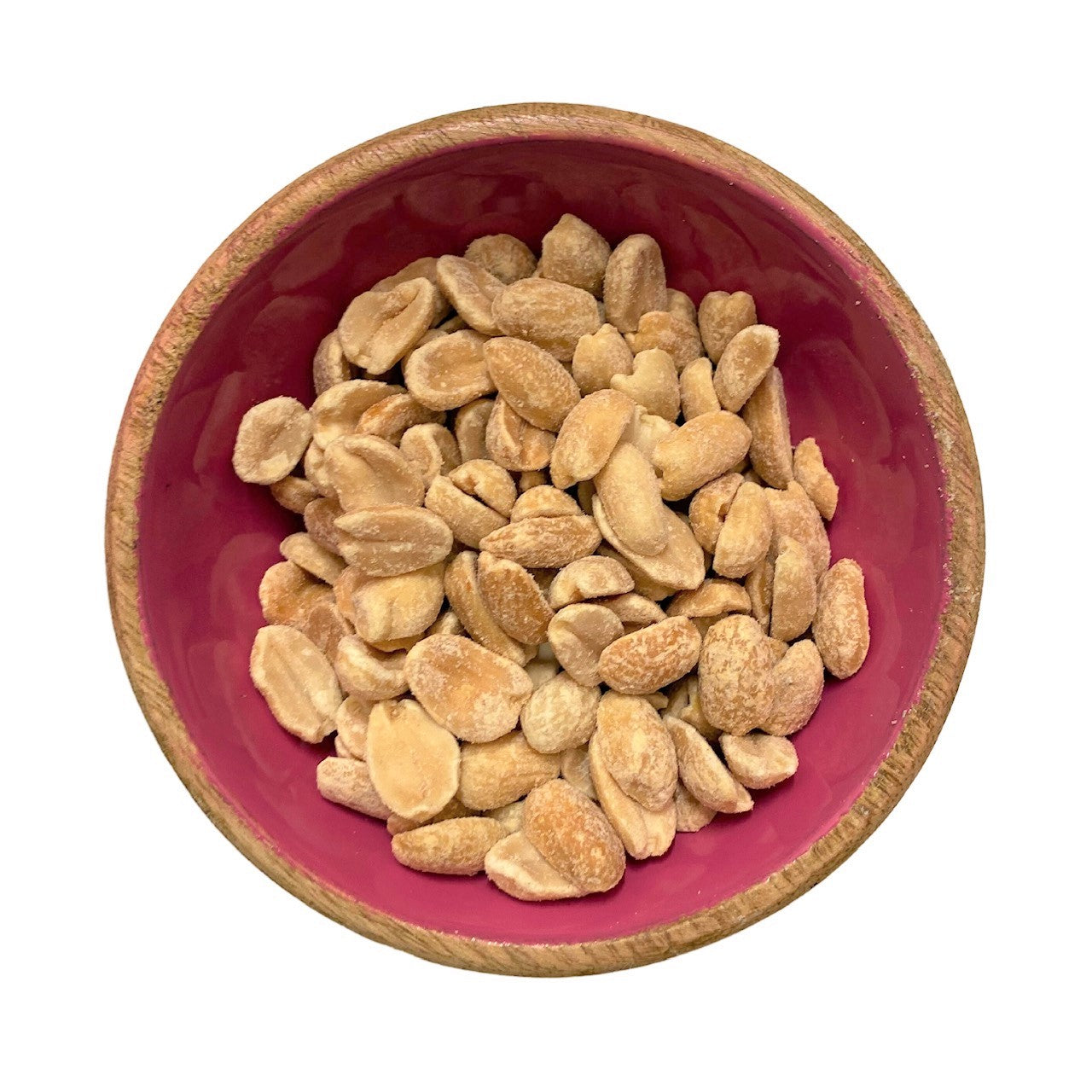 Unsalted Peanuts ORGANIC (per 200g) in a wooden bowl with a red interior, natural and sustainable snack option