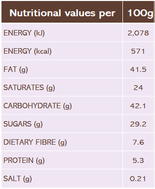 Nutritional values table for Luxury M*LK chocolate flakes ORGANIC (per 100g) showing energy, fat, carbohydrates, sugars, fiber, protein, and salt.